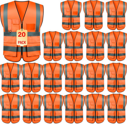 Safety Vests 20 Pack,Hi Vis Construction Vest with 5 Pockets and Zipper,Reflective Vest for Men Women Work One Size