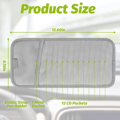 CD Visor Holder for Car, Large Capacity CD & DVD Visor Case, Vehicle Visor Storage Organizer with 12 Disc Sleeves, 1 Mesh Pocket 1 Pen Holder and & Elastic Band (Black)