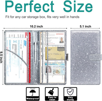 RSAquar Car Registration and Insurance Holder, Vehicle Glove Box Organizer Cool Car Accessories, Auto Truck Document Holder for Cards, Driver License, Black Glitter