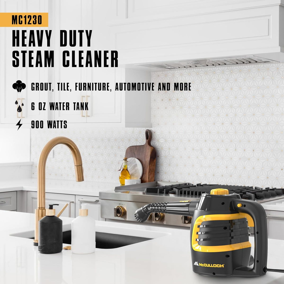 McCulloch MC1385 Deluxe Canister Steam Cleaner, 2-Hour Runtime, Chemical-Free, 23 Accessories: Mop Head, Brushes & More - Built for Home, Tile, Carpet, Furniture, & Personal Car Detailing