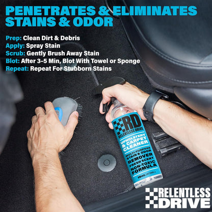 Relentless Drive Car Upholstery & Carpet Cleaner – Professional Interior Seat Cleaner for Fabric, Floor Mats & Auto Upholstery, Safe for All Cars, Kit with Heavy Duty Brush (16oz)