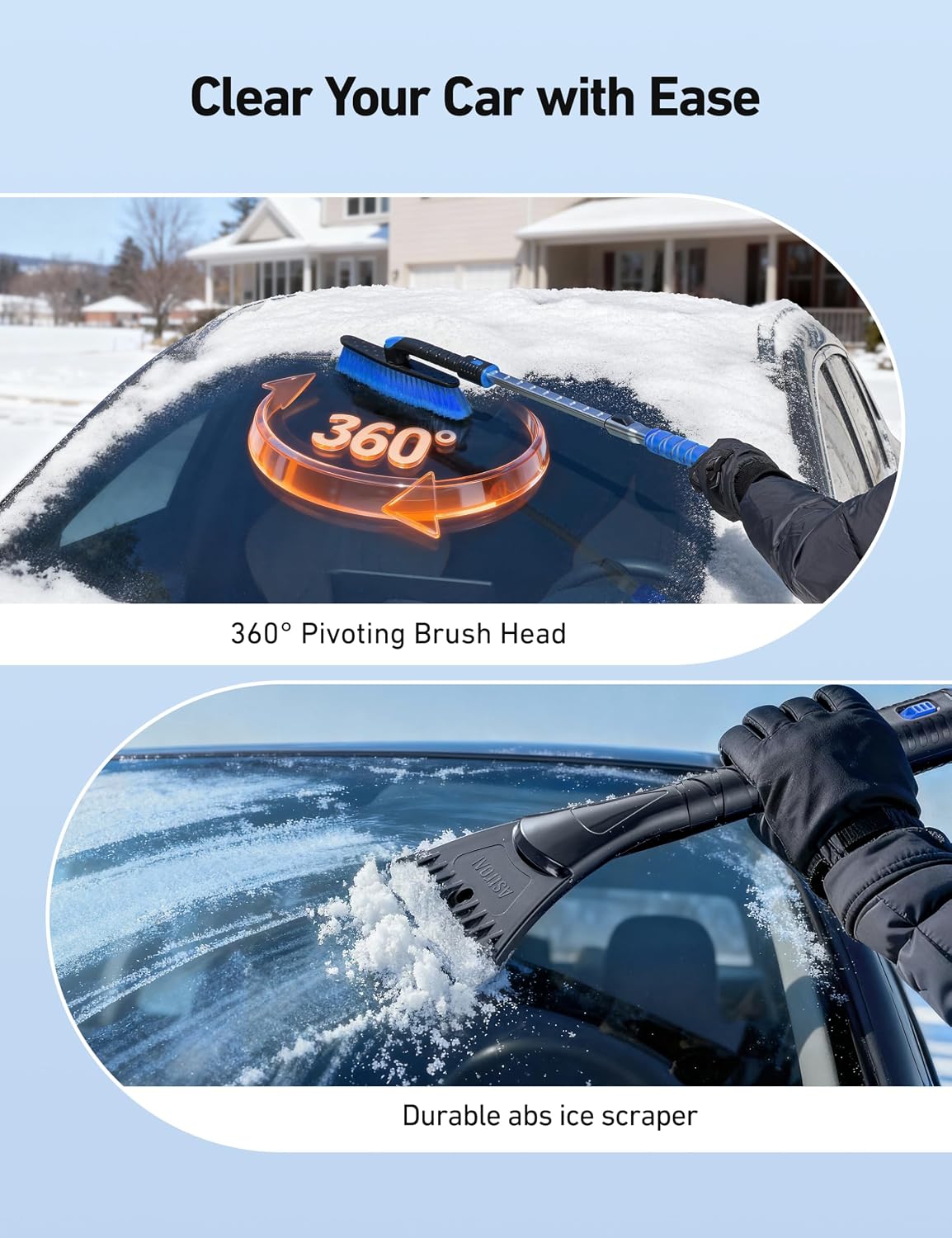 AstroAI 47.2" Ice Scrapers for Car Windshield and Extendable Snow Brush with Foam Grip and 360° Pivoting Brush Head for Auto Car Truck and SUV(Orange)