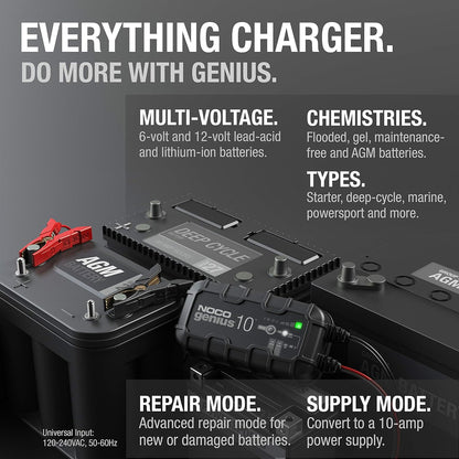 NOCO GENIUS10: 10A 6V/12V Smart Battery Charger – Automatic Maintainer, Trickle Charger & Desulfator with Overcharge Protection & Temperature Compensation – for Lead-Acid & Lithium Batteries