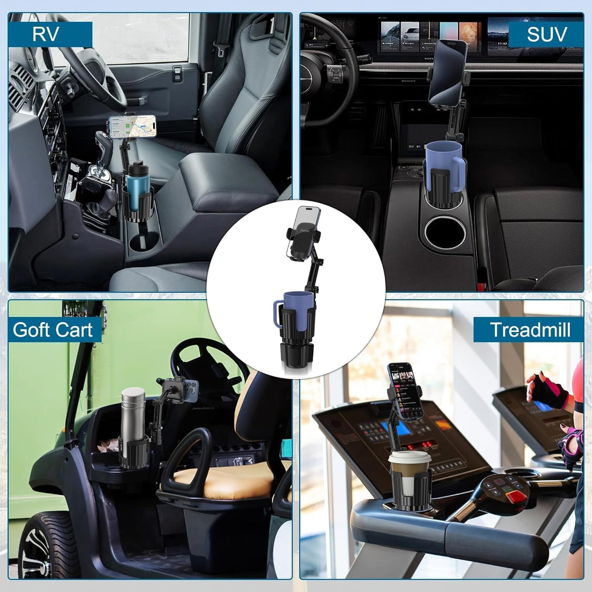 Phone Holders for Your Car Cupholder, 2 in 1 Cell Phone Holder Mount with Cup Holder Expandable Base, 360 Degree Rotating Neck, Fits All 4-7" Smartphones and Most Bottles, 1 Pack