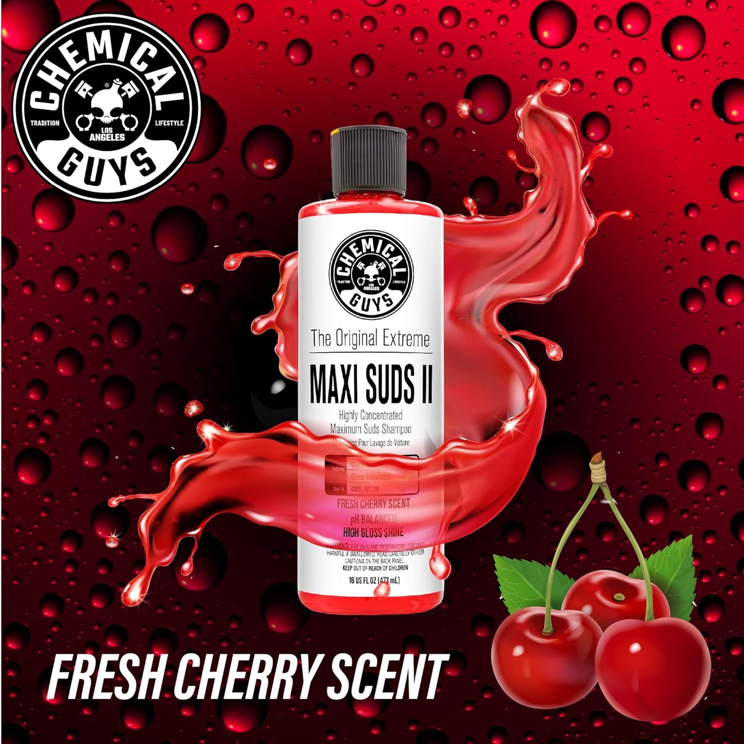 Chemical Guys Maxi Suds II Foaming Car Wash Soap – High Foam Car Wash Soap, Cherry Scent Shampoo and Gloss Booster for Foam Cannons, Guns or Buckets – Gentle, Safe for Trucks, SUVs, and RVs, 64 oz