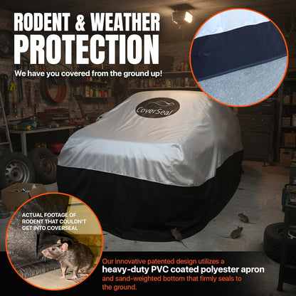 Heavy Duty Outdoor Car Cover with Patented Weighted Ground Conforming Apron Seal – Wind Resistant, Dust, & Water Protection for Automobiles - Sports Size 189 L x 75 W x 67 H inch Max