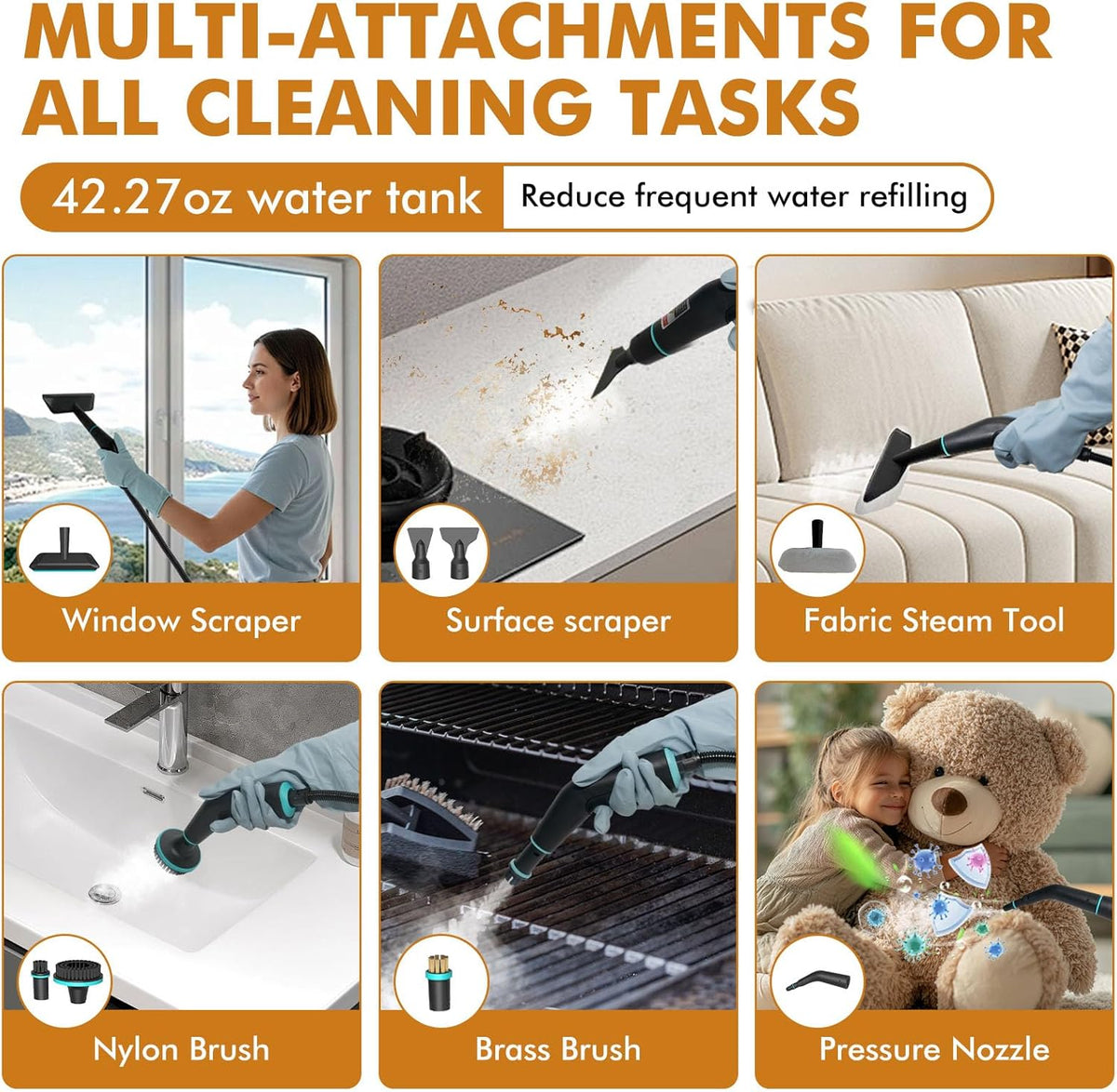 Steam Cleaner,15s Heat-Up 42.27oz Tank,2500W Pressurized Handheld Steam Cleaner for Home,Portable Steamer for Cleaning with 15 pcs Accessories,Grease,Grout,Furniture,Bed Bugs,Floor,Couch and Car