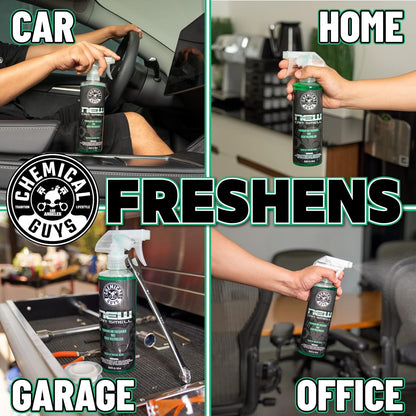 Chemical Guys New Car Scent Air Freshener and Odor Eliminator, 16 fl oz with 3 Pack of Hanging Air Fresheners (Great for Cars, Trucks, SUVs, RVs, Home, Office, Dorm Room & More) - HOL459