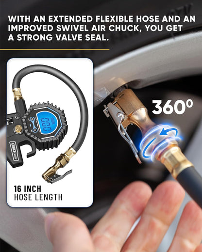 Tire Inflator with Pressure Gauge and Longer Hose - Most Accurate, Heavy Duty Air Chuck with Gauge for Air Compressor Tire Inflator Attachment - 100PSI