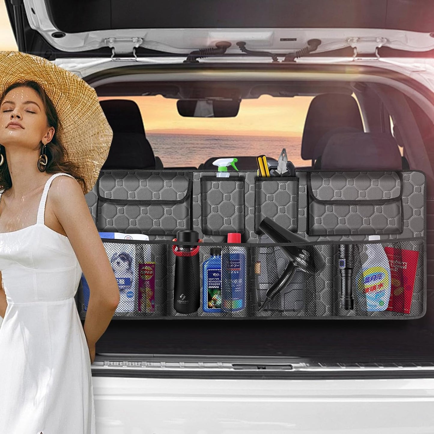 esouler Car Trunk Organizer, Super Capacity Backseat Car Organizer for SUV/Truck/MPV(42"*18"), Hanging Car Storage Organizer with 8 Pocekts, Car Accessories for Women and Men- Black