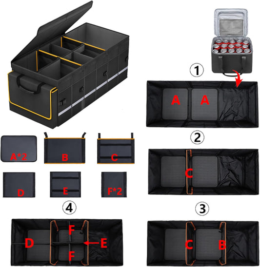Car Trunk Organizer and Storage with Lid & Removable Leakproof Cooler Bag, Car Accessories 6 Removable Dividers for Custom Space, Collapsible Large Trunk Organizers Interior for SUV Sendan with Cover