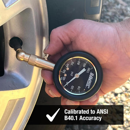 Tire Pressure Gauge for Cars and Trucks. 0-100 PSI Calibrated to ANSI B.40.1 Accuracy. Large 2 Inch Easy to Read Gauge and 360 Degree Rotation for Easy Connection., 200-100R