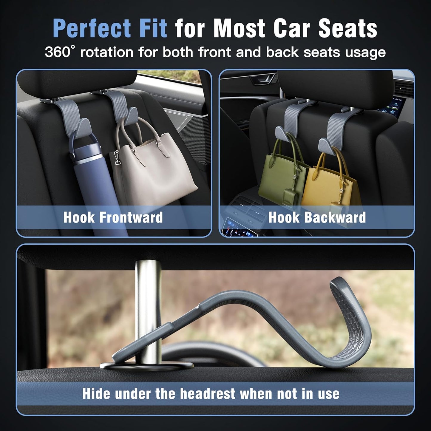 Amooca 4-Pack Car Headrest Hooks Vehicle Storage Organizer for Purses Handbags Groceries Backpack Coats –Holds 55lbs 360° Rotating Black