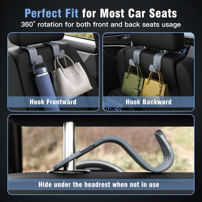 Amooca 4-Pack Car Headrest Hooks Vehicle Storage Organizer for Purses Handbags Groceries Backpack Coats –Holds 55lbs 360° Rotating Black