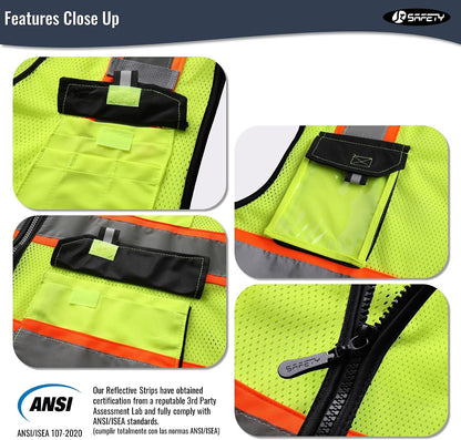 JKSafety Hi Vis Reflective Safety Vests for Men Women High Visibility Vest with Pockets Mesh Fabric Construction Safety Apparel Neon Vest for Work (220-Black L)