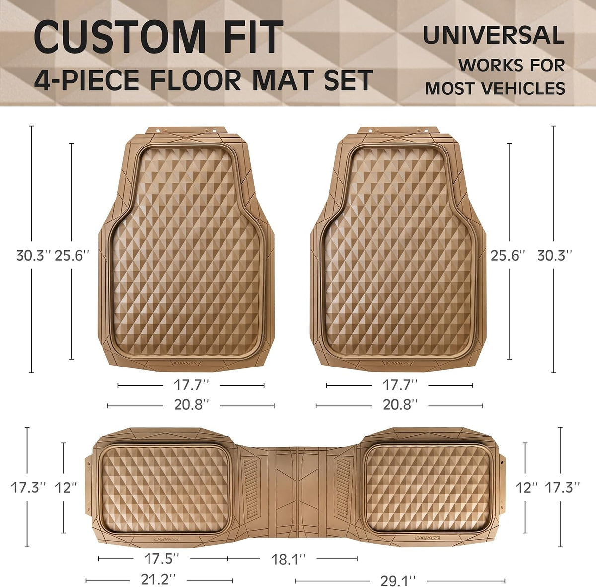 CAR PASS Heavy Duty Rubber Car Mats, Deep Dish All-Weather Floor Mat for Car Full Set Durable Anti-Slip 3D Rhombus Waterproof Trim to Fit Liner Universal Fit Automotive,Sedan,SUV,Truck, 3 Piece Black
