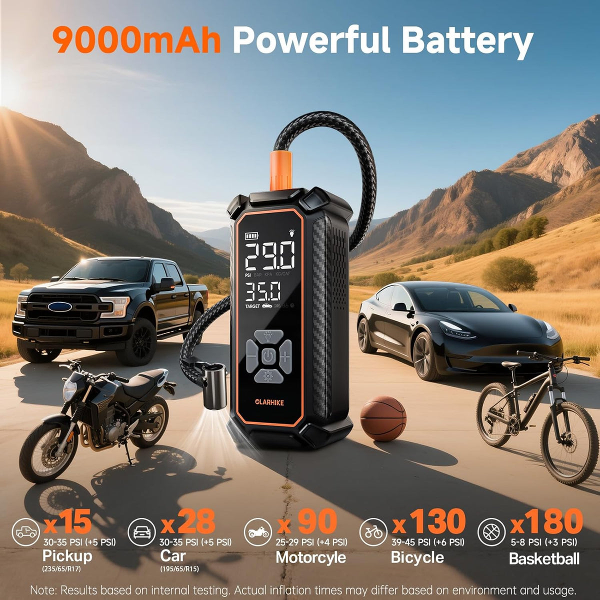 OlarHike Tire Inflator Portable Air Compressor, Lightning-Fast Inflation, Dual Power - 6000mAh & 12V DC, Cordless Air Pump for Car Tires, Bikes, Motorcycle, Balls with LED & Digital Pressure Gauge