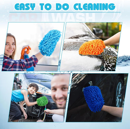 Toulite 16 Pcs Car Wash Mitt Chenille Microfiber Wash Mitt Double Sided Glove Cleaning Drying Mitts (7.48 x 10.24 Inch,Royal Blue,Green)