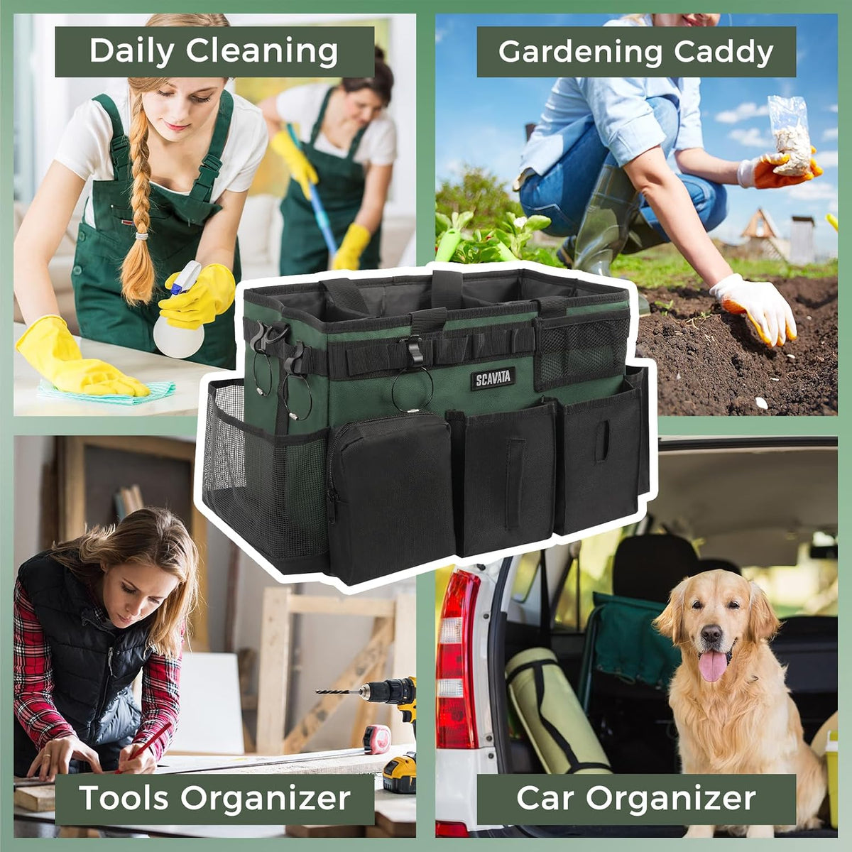 SCAVATA Wearable Cleaning Caddy Bag, Supplies Organizer with Handle & Shoulder Straps for Housekeepers, Under Sink & Car Cleaning Tool Organizer with 4 Foldable Dividers (Black)
