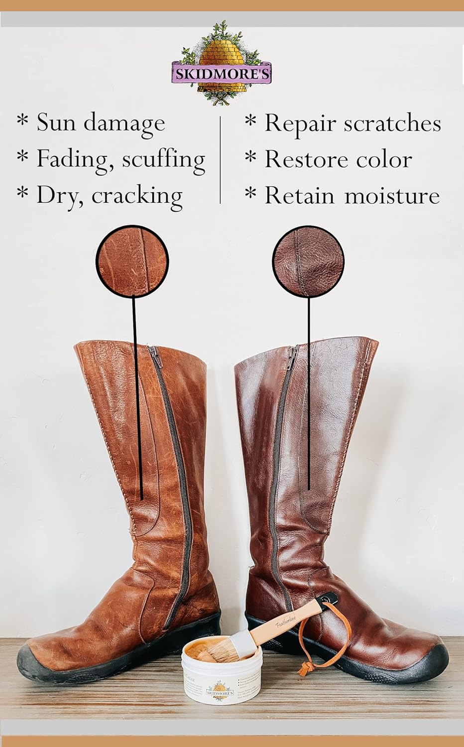 Skidmore’s Leather Cream: All-Natural, Non-Toxic Leather Conditioner - Made in USA Since 1984. Water Repellent Formula Restores Leather Couches, Car Seats, Boots, Shoes, Purses, Bags, and Tack. 6 Oz