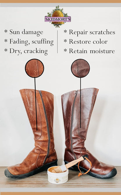 Skidmore’s Leather Cream: All-Natural, Non-Toxic Leather Conditioner - Made in USA Since 1984. Water Repellent Formula Restores Leather Couches, Car Seats, Boots, Shoes, Purses, Bags, and Tack. 6 Oz