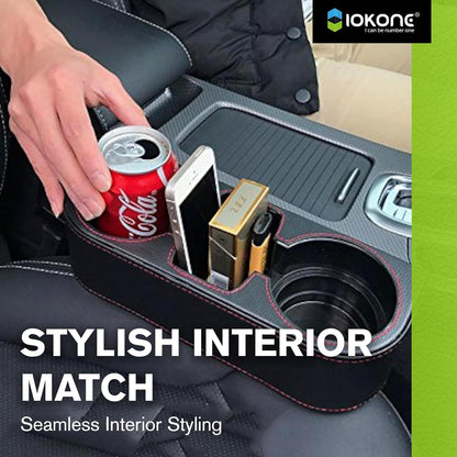 IOKONE Car Cup Holder, Auto Cup Drink Holders，Multifunctional Auto Front Seat Organizer with PU Leather Cover, Gap Filler Storage Box Coin Bucket Console Side Pocket Cell Mobile Phone Holder (Black)