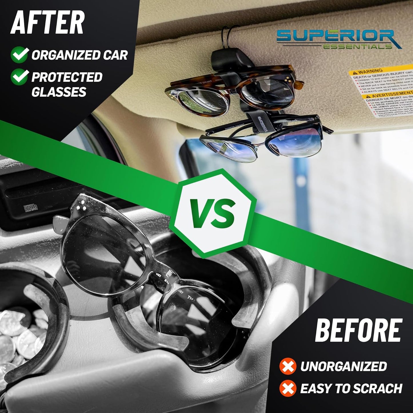 Superior Essentials Sunglass Holder for Car Visor - Eyeglass Car Mount with Double-Ends Sunglasses Holder Organizer, Universal Car Sunglass Holder Clip, Suitable for All Size Eyeglasses (2 Pack Black