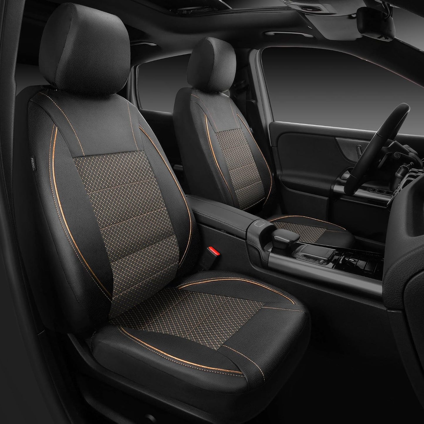 CAR PASS Universal FIT Piping Leather Two Front Seat Covers, Waterproof Faux Leather for SUV Sedan Van Truck, Airbag Compatible,Reserved Opening Holes for Headrest Covers. (Black red)