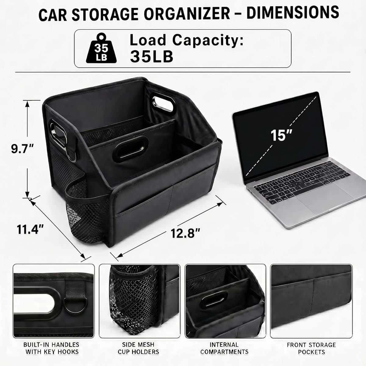 Car Storage Organizer Reinforced Dividable Leather Car Caddy Basket for Front Seat Floor Back Sturdy Frosted Handle 8 Compartments Adjustable Strap Buckles Slip-Resistant (Normal)