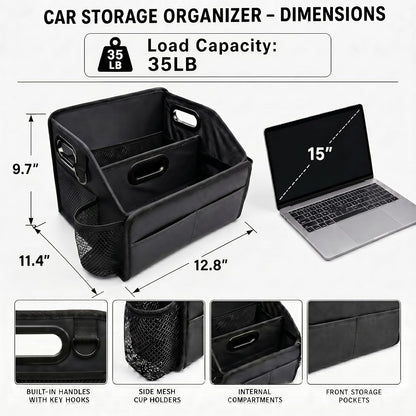 Car Storage Organizer Reinforced Dividable Leather Car Caddy Basket for Front Seat Floor Back Sturdy Frosted Handle 8 Compartments Adjustable Strap Buckles Slip-Resistant (Normal)