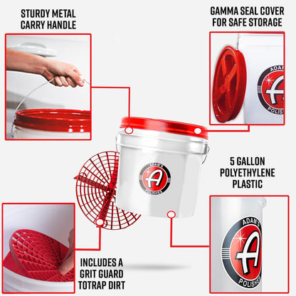 Adam's Polishes Car Wash Bucket (5 Gallon Bucket + Grit Guard + Gamma Seal Lid), Perfect Car Tool for Washing & Garage Storage, Stores Car Wash Soap, Foam Cannon, Foam Gun, Microfiber Towels & More