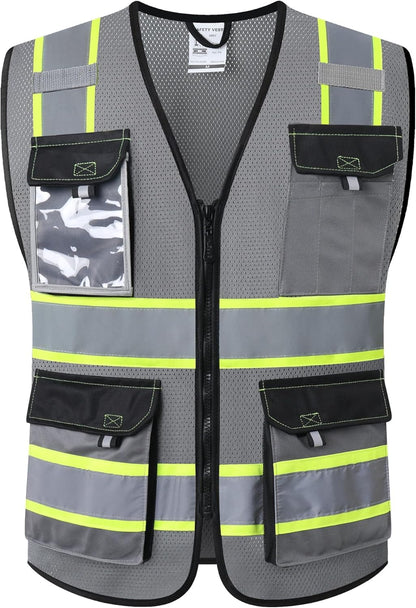 JKSafety Hi Vis Reflective Safety Vests for Men Women High Visibility Vest with Pockets Mesh Fabric Construction Safety Apparel Neon Vest for Work (220-Black L)