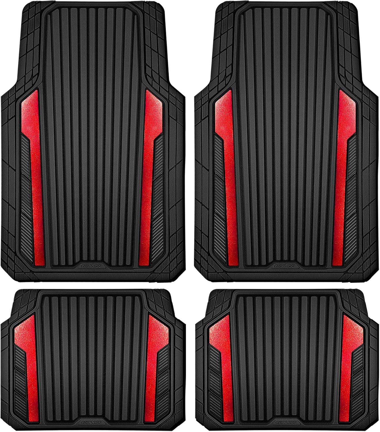 CAR PASS Heavy Duty Rubber Car Mats Metallic, Aluminum Film All Weather Floor Mats Waterproof Universal Trim to Fit Automotive SUV Sedan Van 4 Piece Anodized Deep Dish Two-Tone Sporty Black Red Chrome