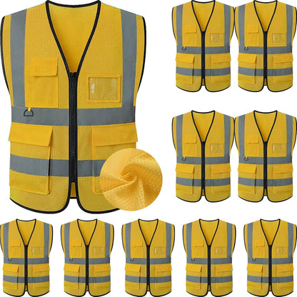 Reflective Mesh Safety Vest, Breathable Hi Vis Vest Construction Work with 5 Pockets and Zipper for Men Women
