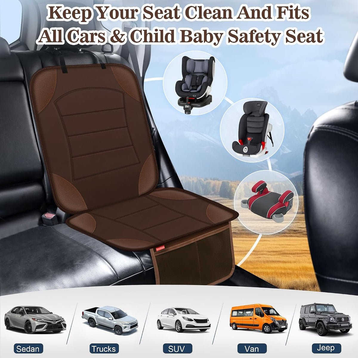 Sinvitron Car Seat Protector for Child Car Seat - Waterproof Non-Slip Leather Mat with 2 Mesh Pockets, Universal Seat Cover for Baby, Pets & Vehicles(2-Pack,Black)