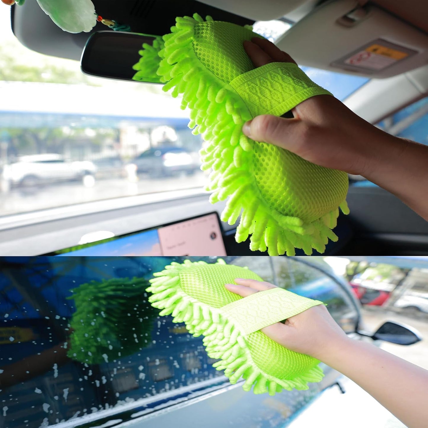 Microfiber Car Wash Sponge-Non-Scratch Wash Mitt-Two Sided Chenille Microfiber Washing Sponge-Mitt for Cars, Trucks, SUVs, Boats(2 Pack Green)
