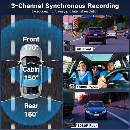 WECOOL 4K UHD 3 Channel Dash Cam Front and Rear Inside, Free 64GB Card Included, 360° Wide-Angle Full-View Dash Camera for Cars with Night Vision, 24H Parking Mode, G-Sensor, Loop Recording, 5GHz WiFi