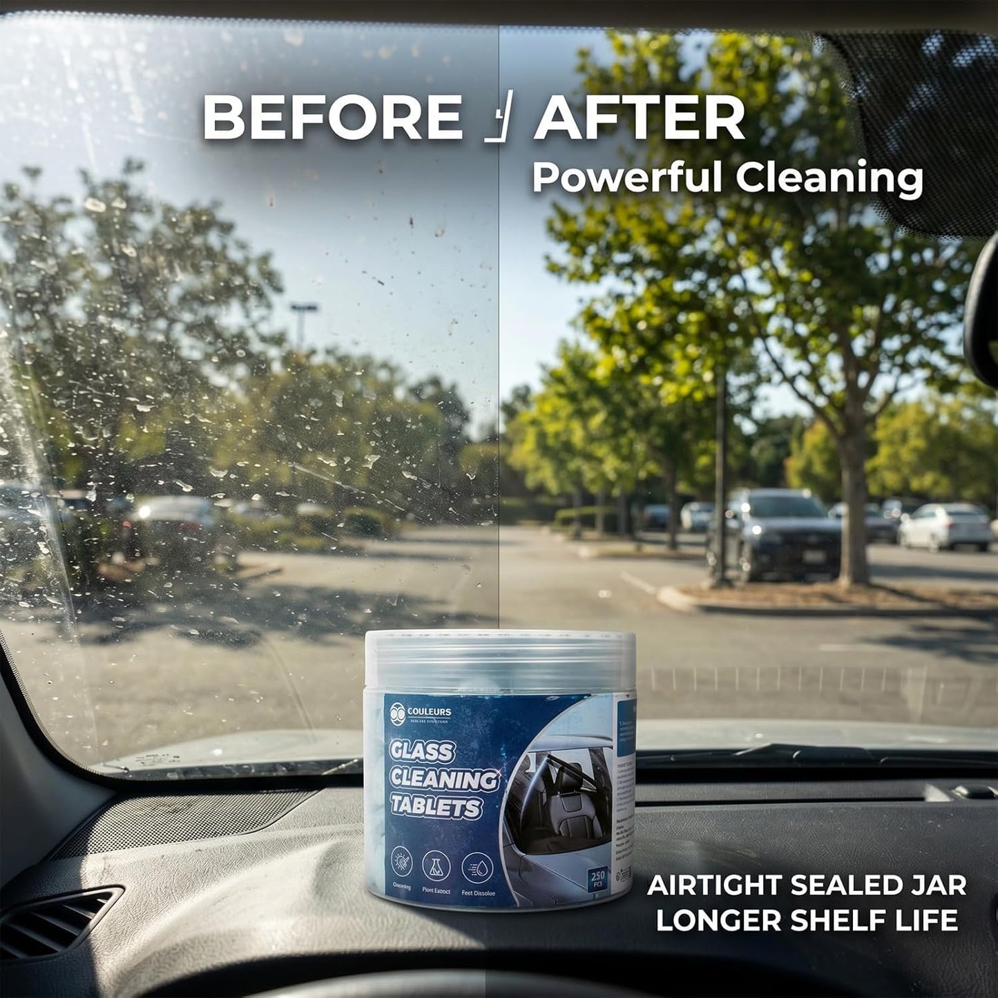 Coldcool Windshield Washer Tablets, 250-Pack Effervescent Car Glass Cleaning Tablets, Streak-Free Windshield Wiper Fluid Concentrate Replacement for All Vehicles