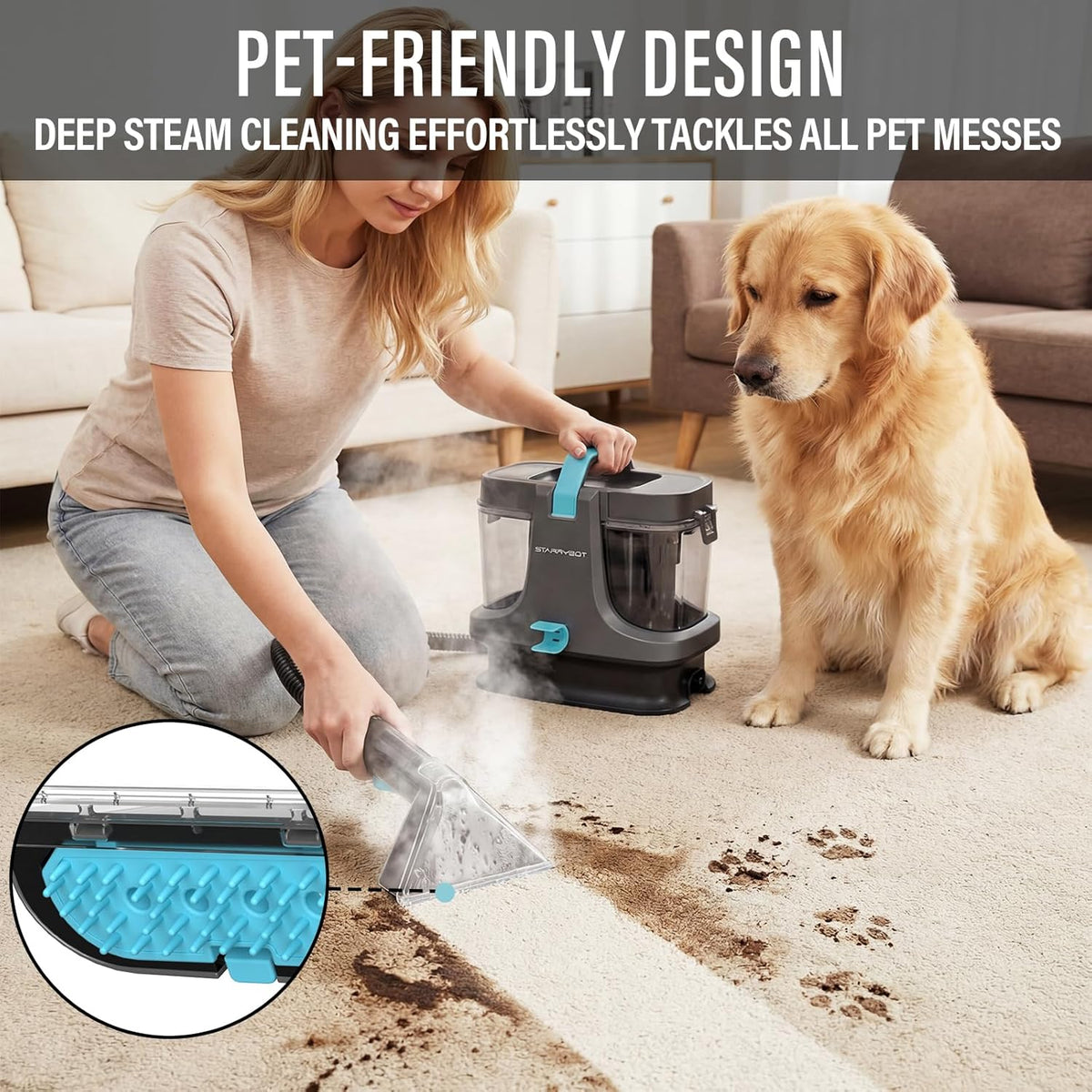 Starrybot Portable Carpet Cleaner Machine with Steam and Heating Techology,18Kpa Powerful Suction with Versatile Tools for Pets, Couch,Spot Cleaner for Stairs/Furniture/Rug(Gray)(AC0205)