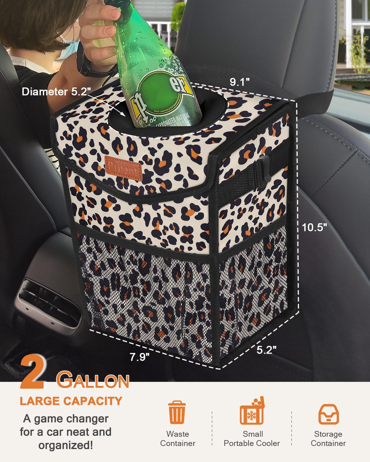 Pritent Car Trash Can with Lid, Cute Leakproof Car Trash Garbage Bag Hanging Vehicle Trash Bin Small Portable Automotive Garbage Cans Organizer for Back/Front Seat/Console(Trapezoid,Black)