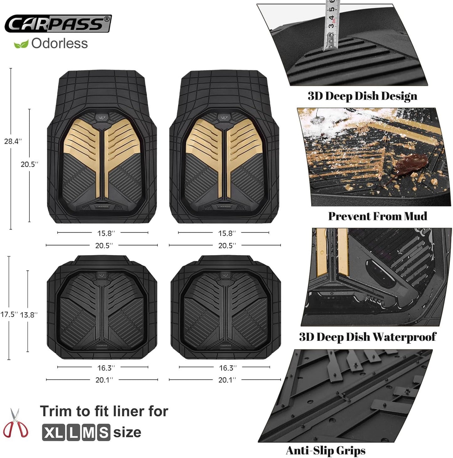 CAR PASS Heavy Duty Rubber Car Mats with Cargo Liner, Deep-Dish Car Floor Mats and Trunk Mat All Weather, Universal Trim-to-Fit for SUVs Trucks Sedans, Waterproof Anti-Slip, Trimmable V12 Black