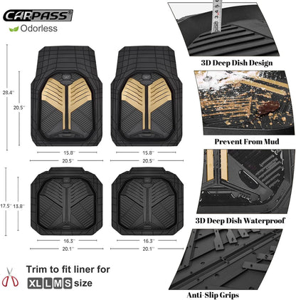 CAR PASS Heavy Duty Rubber Car Mats with Cargo Liner, Deep-Dish Car Floor Mats and Trunk Mat All Weather, Universal Trim-to-Fit for SUVs Trucks Sedans, Waterproof Anti-Slip, Trimmable V12 Black