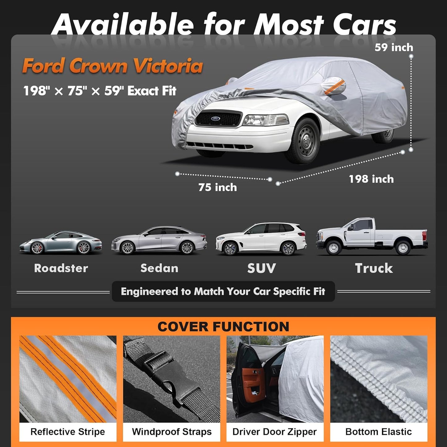 Car Cover Waterproof All-Weather,Heavy-Duty Outdoor Full Exterior Automobiles Sedan/Coupe (Length 186-193 inch) with Windshield Sun Shade Universal Fit Toyota Camry, Tesla Model 3, Accord etc