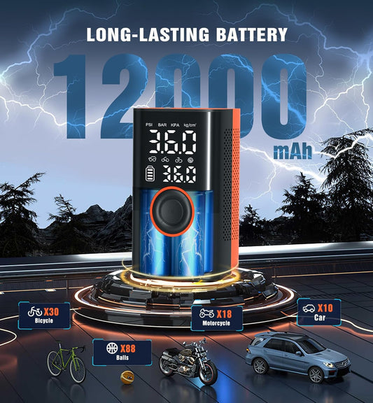 Tire Inflator Portable Air Compressor Portable Cordless Mini Air Pump with Digital Pressure Gauge Inflater 150PSI 3X Fast Inflation Auto Shutoff Large Battery Tires Pump for Cars Motors Bikes Balls