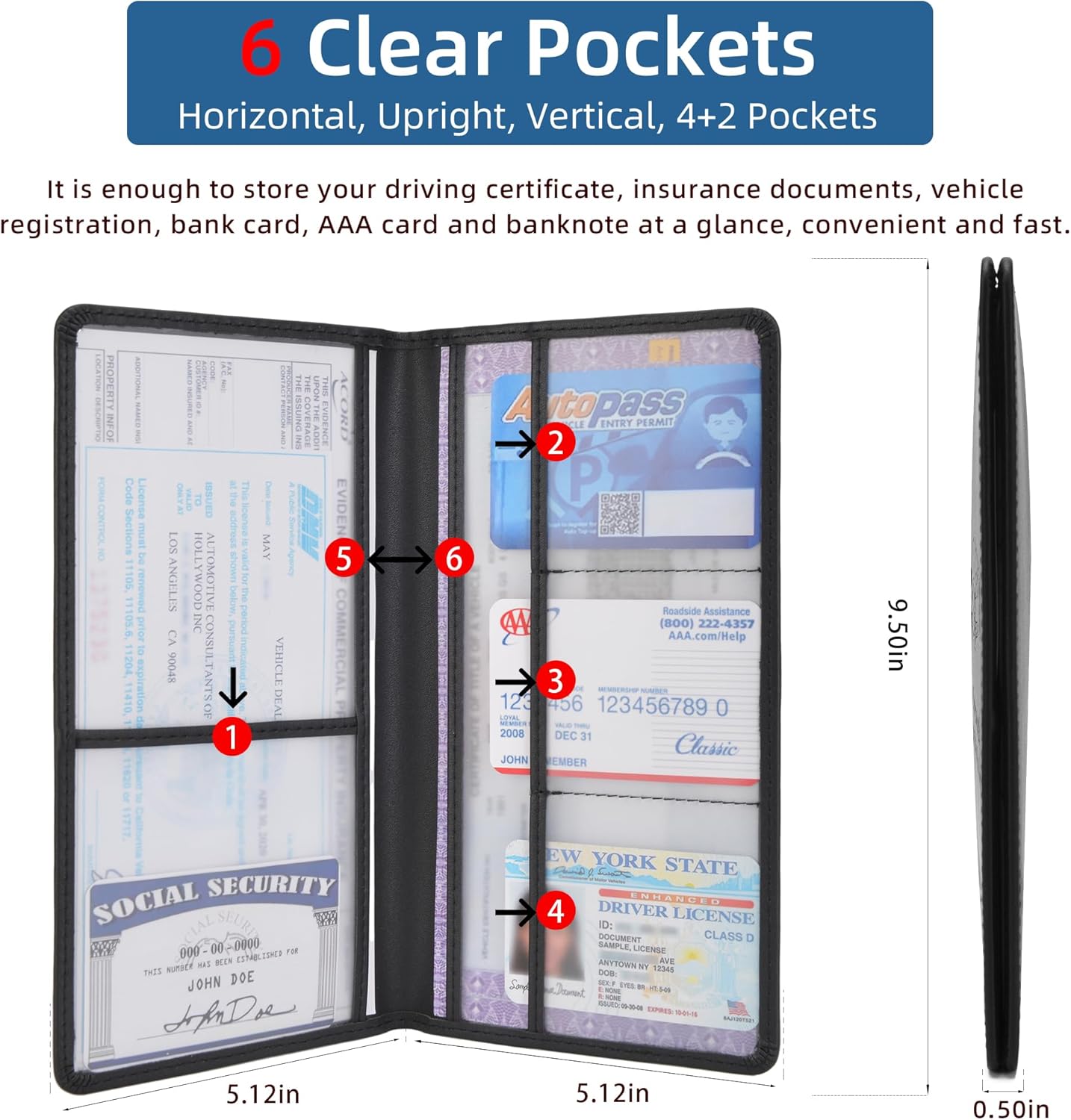 Premium Car Registration & Insurance Card Holder with Magnetic Closure & Clear Pockets, Glove Box Organizer for Documents, Driver's License (Reticulated black)