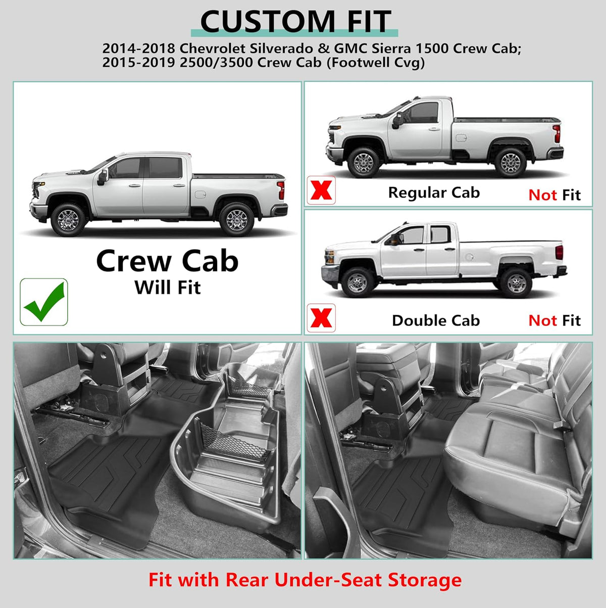 KARPAL Floor Mats for 2007-2013 Chevy Silverado & GMC Sierra 1500 Crew Cab / 2007-2014 2500/3500 HD(Footwell Coverage), All-Weather TPE Custom Fit Floor Liners Car Accessories