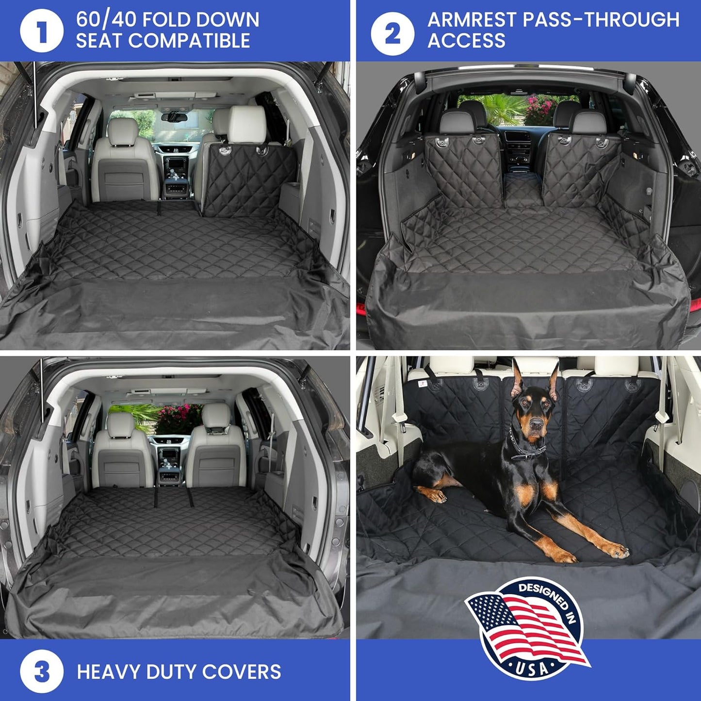 4Knines Split Cargo Liner for SUV – For Dogs & Pets, Heavy-Duty, Waterproof Trunk Mat & Cargo Cover – Fits 60/40 Split Bench & Armrest Pass-Through – Machine Washable, Non-Slip, Durable (Large, Black)