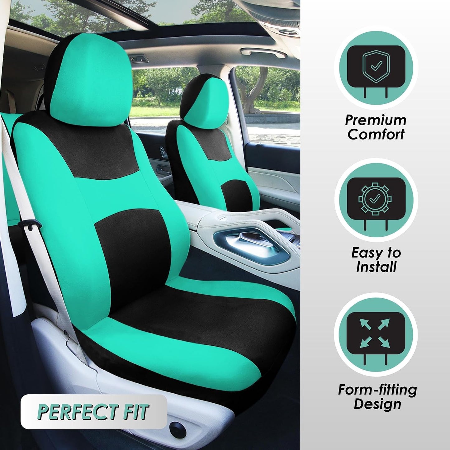 FH Group Full Set Cloth Car Seat Covers, Universal Fit Front and Split Bench Rear, Airbag Compatible, Washable for SUV, Sedan, Van - Black