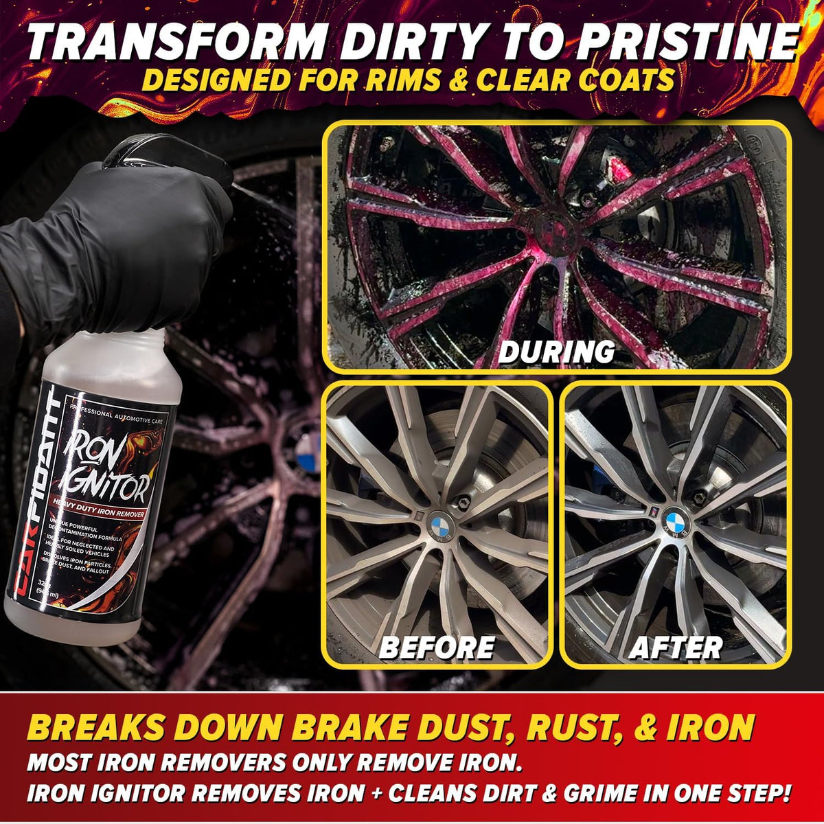 Carfidant Iron Ignitor - Iron Remover & Wheel Cleaner - Color-Changing Purple Decon Spray for Brake Dust, Rust, Fallout - Safe on Paint, Rims & Metal - Car Detailing - pH Neutral - 16oz