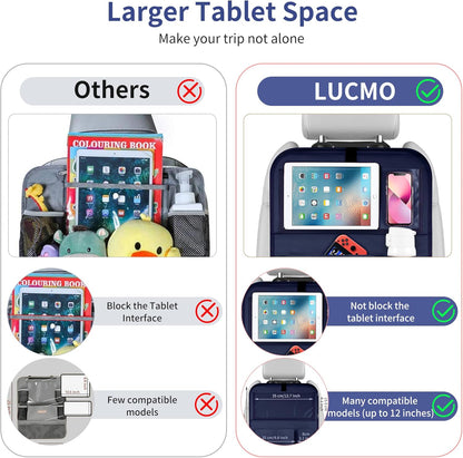 LUCMO Car Backseat Organizer with Tablet Holder,6 Storage Pockets Car Storage Organizer with Foldable Food Tray,Protectors Kick Mats Travel Accessories-Black